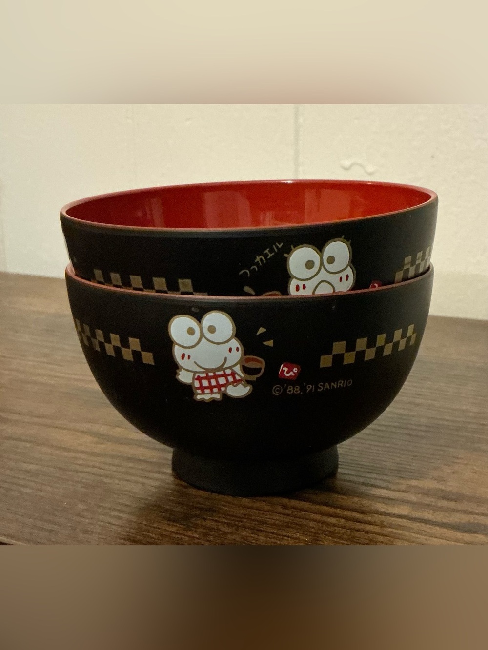 A Pair Of Vintage Sanrio 1991 Keroppi Japanese-style plastic lacquer soup bowls